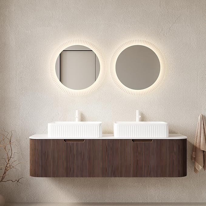 Yayzy 60" Floating Bathroom Vanity with Sink, Solid Wood Fluted Cabinet, White Fluted Square Ceramic Basin & Faux Marble Top, Soft-Close Drawer, Pre-Assembled, Walnut Woodgrain