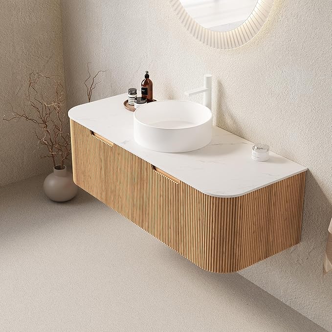 Yayzy 48" Floating Bathroom Vanity with Sink, Solid Wood Fluted Cabinet, White Round Ceramic Basin & Faux Marble Top, Soft-Close Drawer, Pre-Assembled, Natural Woodgrain