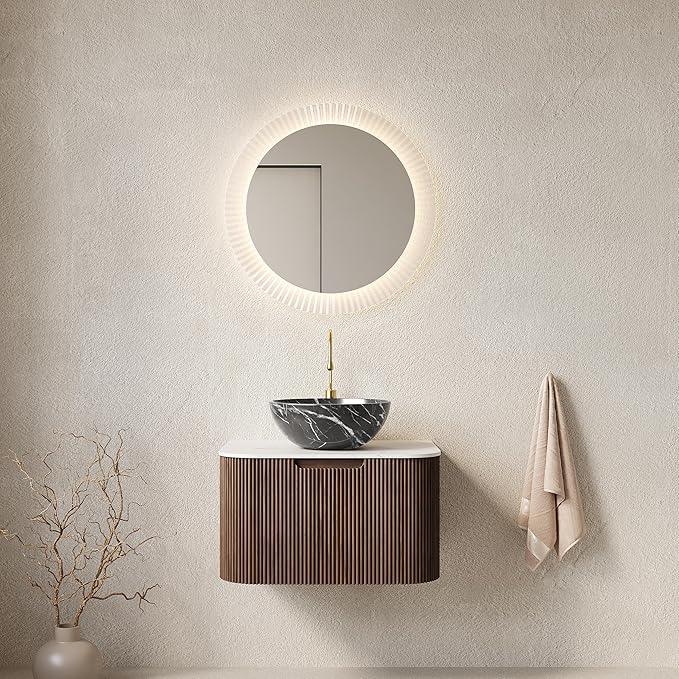 Yayzy 24" Floating Bathroom Vanity with Sink, Solid Wood Fluted Cabinet, White Marble-Patterned Ceramic Basin & Faux Marble Top, Soft-Close Drawer, Pre-Assembled, Walnut Woodgrain