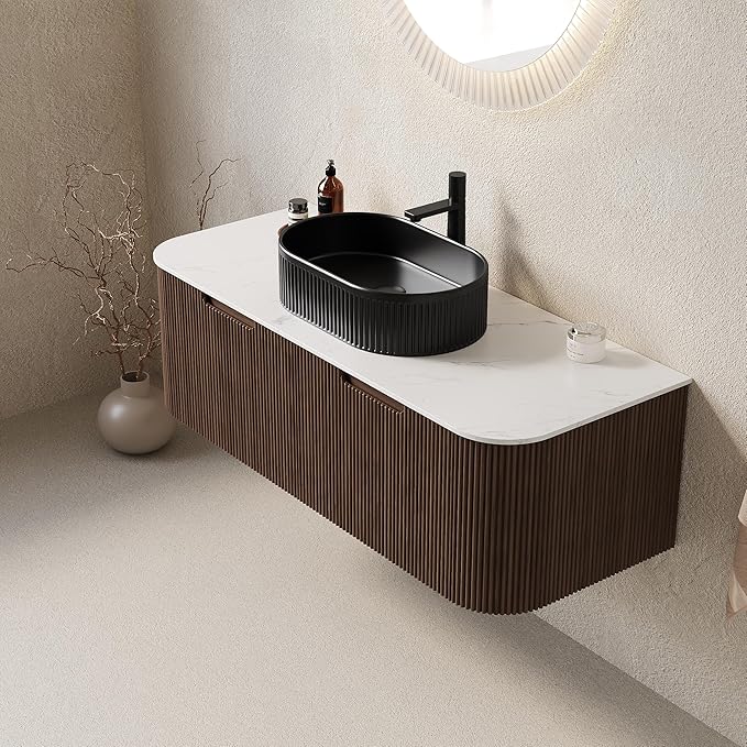 Yayzy 48" Floating Bathroom Vanity with Sink, Solid Wood Fluted Cabinet, Black Fluted Oval Ceramic Basin & Faux Marble Top, Soft-Close Drawer, Pre-Assembled, Walnut Woodgrain