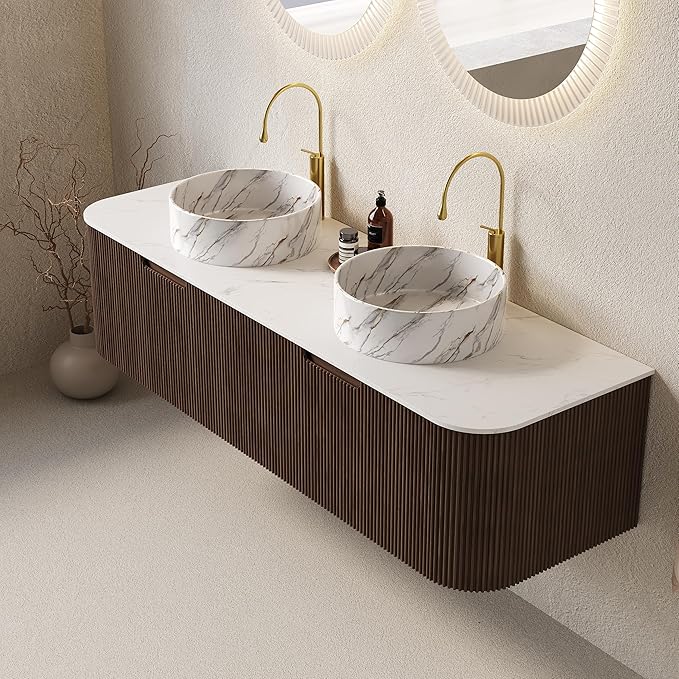 Yayzy 60" Floating Bathroom Vanity with Sink, Solid Wood Fluted Cabinet, White Marble-Patterned Ceramic Basin & Faux Marble Top, Soft-Close Drawer, Pre-Assembled, Walnut Woodgrain