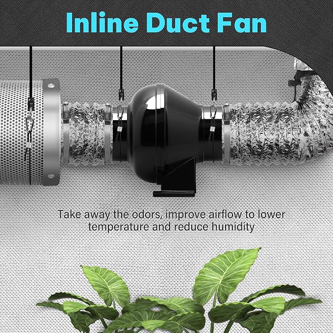 iPower 4 Inch 195 CFM Duct Inline Ventilation Fan Air Circulation Vent HVAC Exhaust Blower for Grow Tent, Greenhouses, Basements or Kitchens, Black