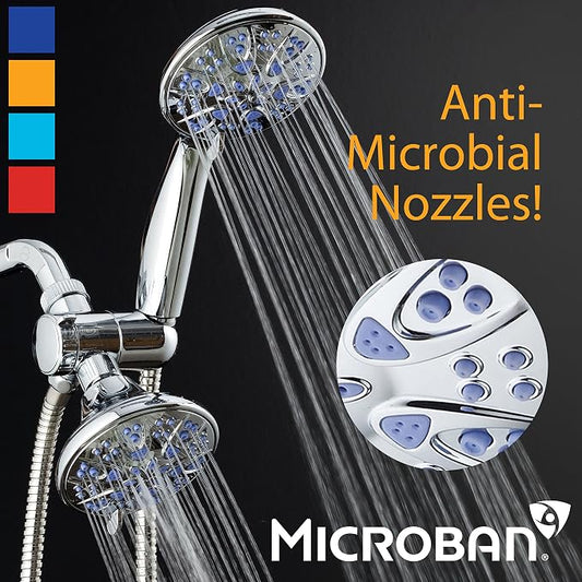 AquaDance for California - Premium High Pressure Antimicrobial 30-setting 3 Way Dual Handheld Shower Head Combo, Stainless Steel Hose, Water Diverter - Chrome Finish