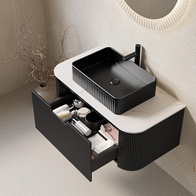 36'' Bathroom Vanities Cabinet with Sink, Wall Mounted Floating Cabinet W/Curved Edges Stripes, Oak Plywood, Soft-Close System with a Drawer, Black Rectangular Ceramic Basin - Kiel, Black/B