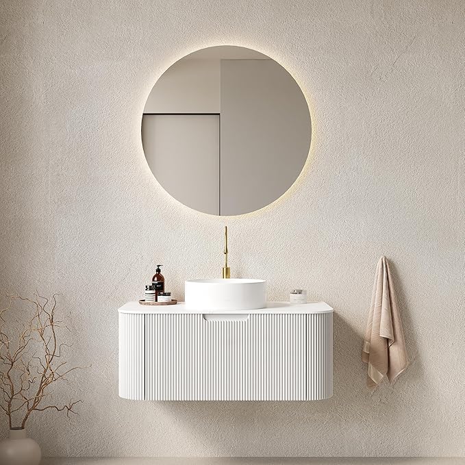 Yayzy 36" Floating Bathroom Vanity with Sink, Solid Wood Fluted Cabinet, White Round Ceramic Basin & Faux Marble Top, Soft-Close Drawer, Pre-Assembled, White