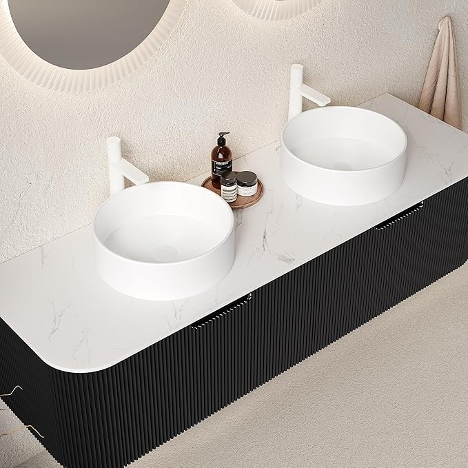 60'' Bathroom Vanities Cabinet with Sink, Wall Mounted Floating Cabinet W/Curved Edges Stripes, Oak Plywood, Soft-Close System with 2 Drawer & 2 White Round Ceramic Basin - Kiel, Black