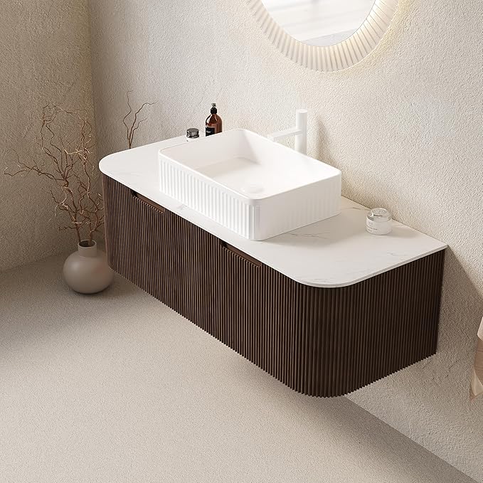 LKTART 48 Inch Floating Bathroom Vanity with Sink, Modern Wall Mounted Bathroom Storage Cabinet with Drawer, Square White Ceramic Sink Top and Marble Texture Top, Walnut