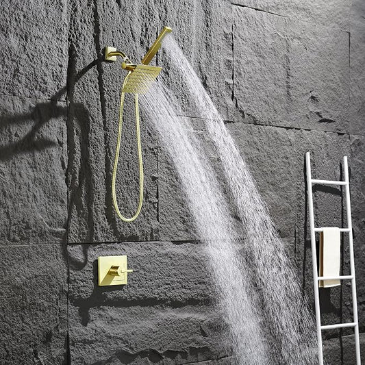 shower faucet set,Gold shower Head with Handheld Spray Combo&Shower Valve | Brushed Gold Shower,All Metal 6" Dual shower Heads with Handheld Spray Combo& 3-Way Diverter,gold shower head and handle set