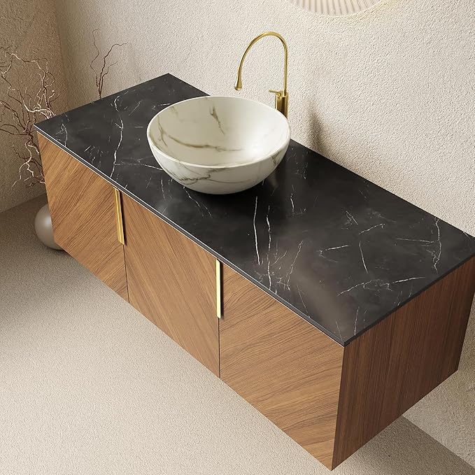 48 Inch Bathroom Vanity with Single Sink, Floating Vanity with Vessel Sink, Modern Bathroom Vanity Cabinet with 3 Doors, Sintered Stone Countertop and White Bowl Basin,Brown Oak