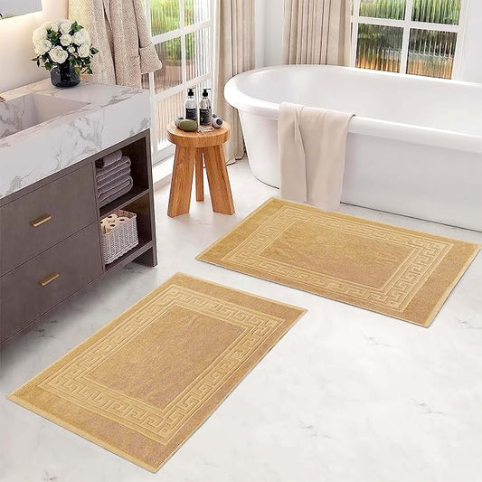 Superior Heavyweight Cotton Bath Mats, Bath Rugs For Bathroom Accessories, Washable Rug For Shower, Bath, Toilet, Modern Decor, No Backing, Luxury Hotel And Spa Quality, Set of 2, 22" x 35", Gold