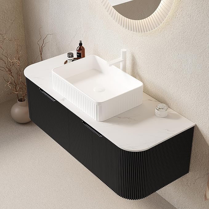 Yayzy 48" Floating Bathroom Vanity with Sink, Solid Wood Fluted Cabinet, White Fluted Square Ceramic Basin & Faux Marble Top, Soft-Close Drawer, Pre-Assembled, Gloss Black