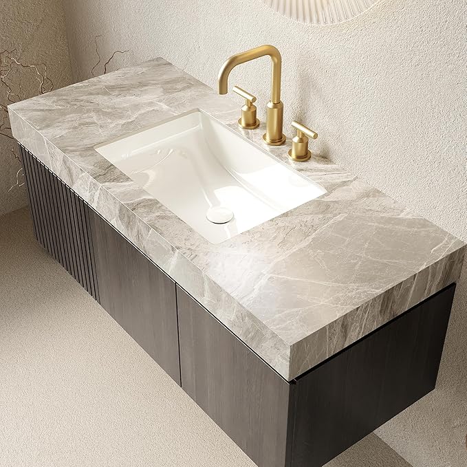 48" Floating Bathroom Vanity with Sink, Plywood Bathroom Vanities with Drawer and Doors, Light Gray Sintered Stone and 3 Pre-drilled Faucet Holes Ceramic Basin, Pre-Assembled, Espresso Woodgrain