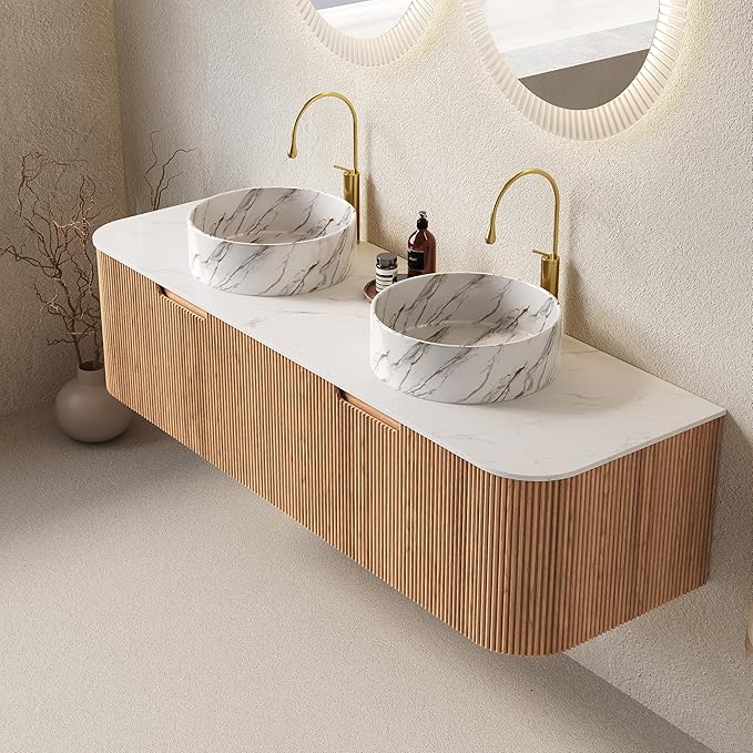 Yayzy 60" Floating Bathroom Vanity with Sink, Solid Wood Fluted Cabinet, White Marble-Patterned Ceramic Basin & Faux Marble Top, Soft-Close Drawer, Pre-Assembled, Natural Woodgrain