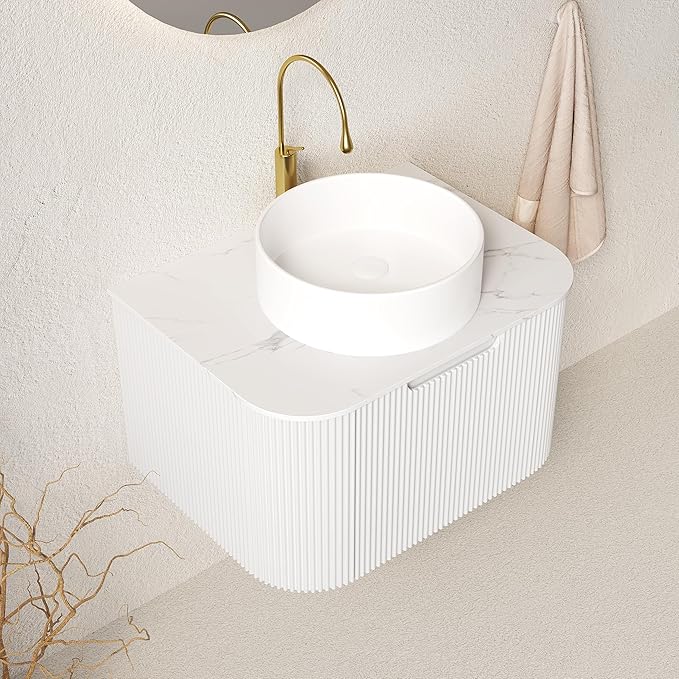 Yayzy 30" Floating Bathroom Vanity with Sink, Solid Wood Fluted Cabinet, White Round Ceramic Basin & Faux Marble Top, Soft-Close Drawer, Pre-Assembled, White