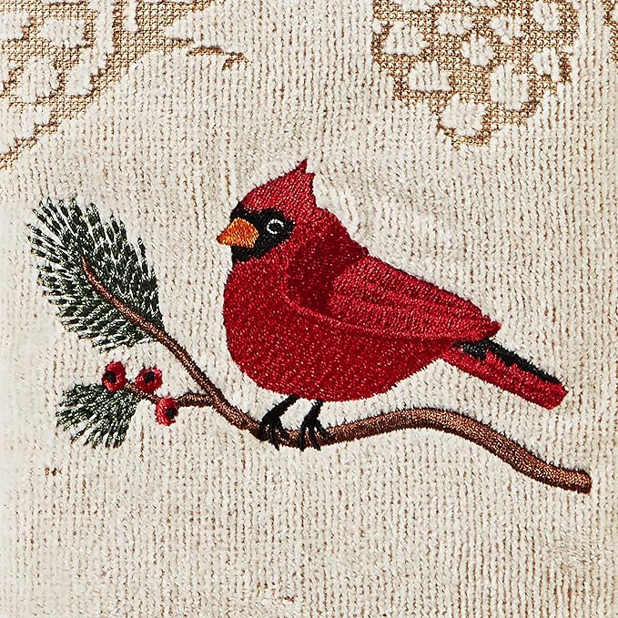 SKL Home Christmas/Winter Cardinal & Branch Hand Towel Set-2pc, Wheat | 100% Cotton. Soft & absorbent pinecone jacquard with embroidery. Great for the bathroom, kitchen or bar & holiday gifting.