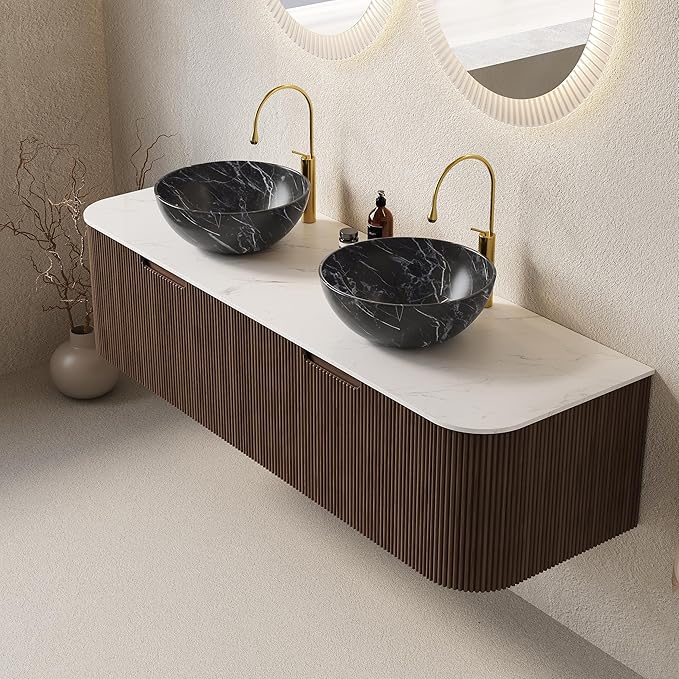 Yayzy 60" Floating Bathroom Vanity with Sink, Solid Wood Fluted Cabinet, White Marble-Patterned Ceramic Basin & Faux Marble Top, Soft-Close Drawer, Pre-Assembled, Walnut Woodgrain