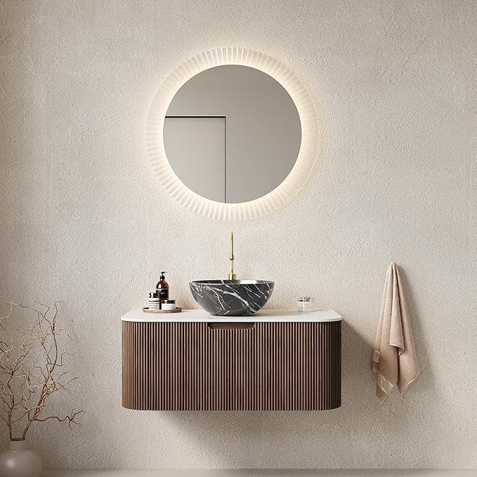 Yayzy 36" Floating Bathroom Vanity with Sink, Solid Wood Fluted Cabinet, White Marble-Patterned Ceramic Basin & Faux Marble Top, Soft-Close Drawer, Pre-Assembled, Walnut Woodgrain