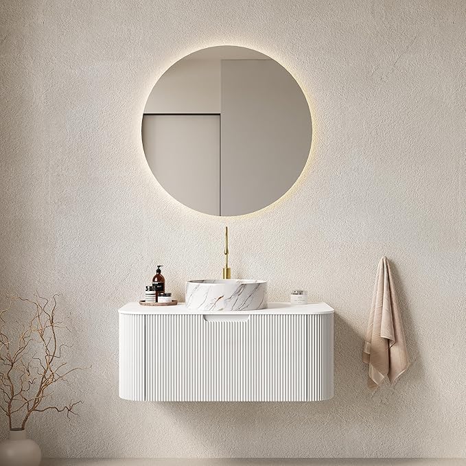 Yayzy 36" Floating Bathroom Vanity with Sink, Solid Wood Fluted Cabinet, White Marble-Patterned Ceramic Basin & Faux Marble Top, Soft-Close Drawer, Pre-Assembled, White