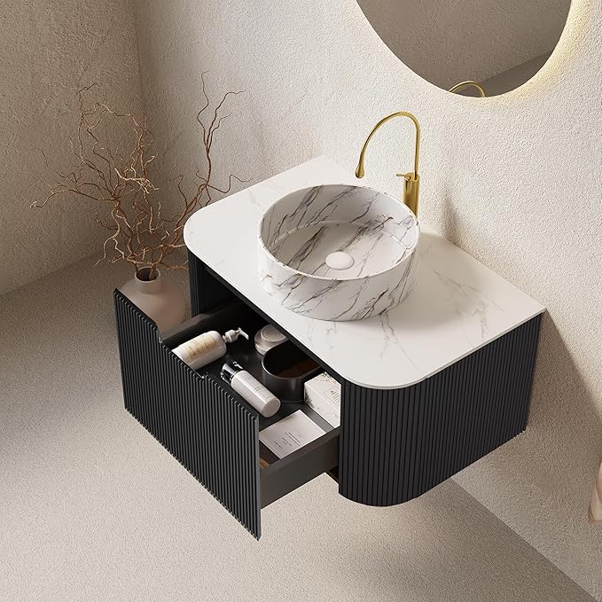 30'' Bathroom Vanities Cabinet with Sink Combo, Wall Mounted Floating Cabinet W/Curved Edges Stripes, Oak Plywood, Soft-Close System with a Drawer, White Round Ceramic Basin - Kiel, Black/S