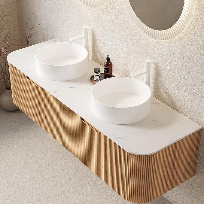 60'' Bathroom Vanities Cabinet with Sink, Wall Mounted Floating Cabinet W/Curved Edges Stripes, Oak Plywood, Soft-Close System with a Drawer & 2 White Round Ceramic Basin - Kiel, Natural Wood