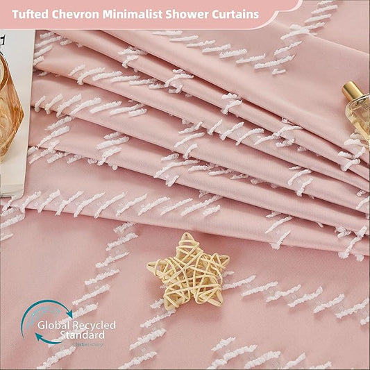 Extra Long Pink Shower Curtain with Tassel, Woven Fabric 90 in, Tufted Chevron Striped, 72 x 90, Modern Chic Textured Minimalist Bathroom