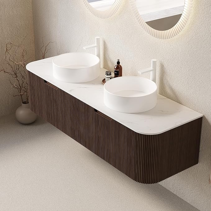 Yayzy 60" Floating Bathroom Vanity with Sink, Solid Wood Fluted Cabinet, White Round Ceramic Basin & Faux Marble Top, Soft-Close Drawer, Pre-Assembled, Walnut Woodgrain