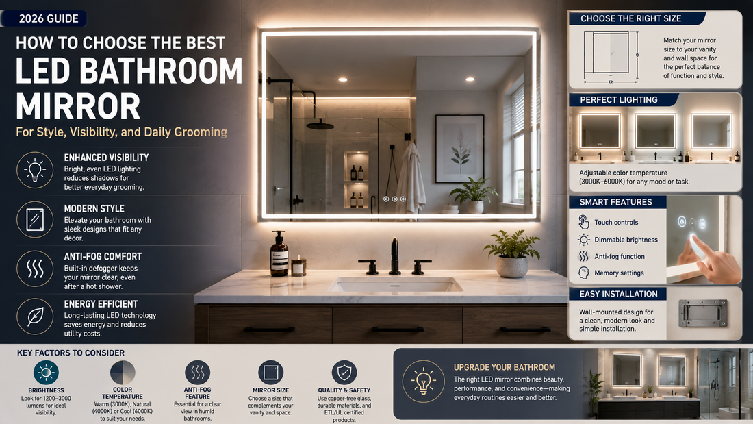 Modern LED bathroom mirror with bright integrated lighting, anti-fog feature, and clear visibility above a contemporary bathroom vanity