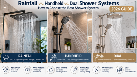 Modern bathroom shower systems comparing rainfall shower head, handheld shower head, and dual shower head designs for water coverage, comfort, and functionality.