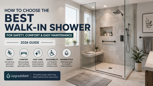 Modern walk-in shower with a bench, slip-resistant flooring, grab bars, glass enclosure, and accessible bathroom fixtures