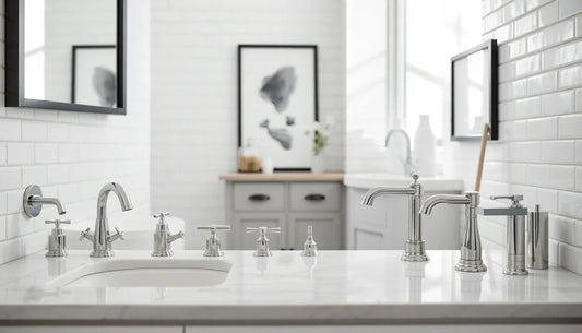 Modern bathroom sink faucets in chrome, matte black, brushed nickel, and gold finishes for a bathroom faucet buying guide