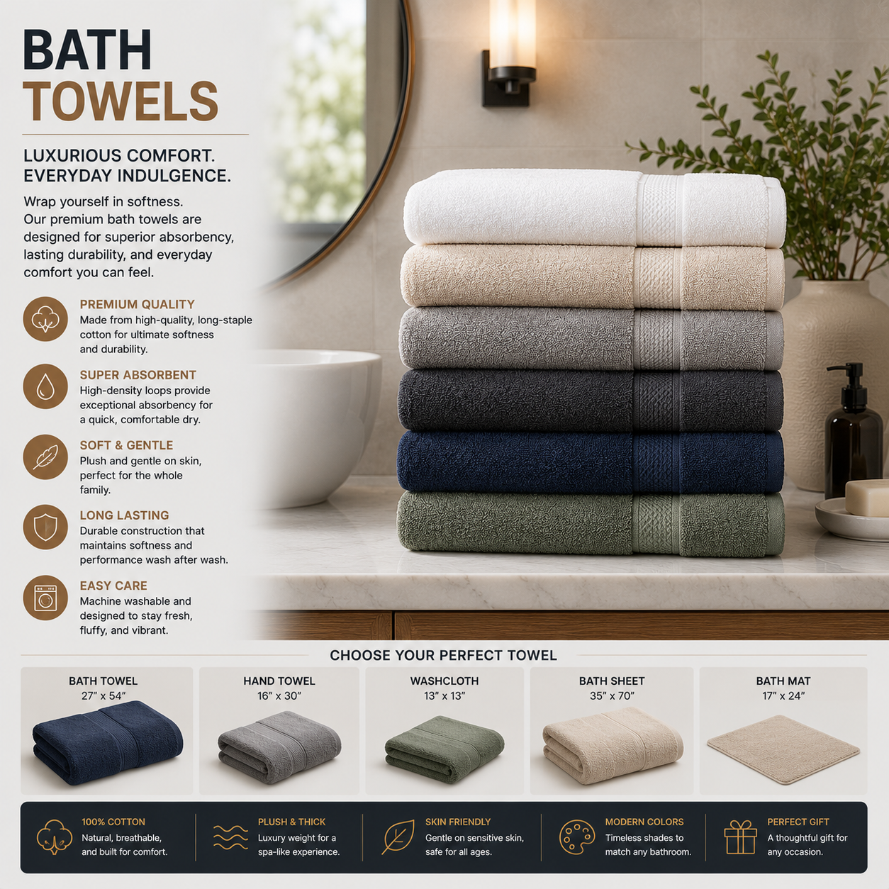 Bath towels made from soft cotton material with high absorbency, plush texture, quick-drying performance, and durable quality for bathroom use, spa experience, and everyday comfort