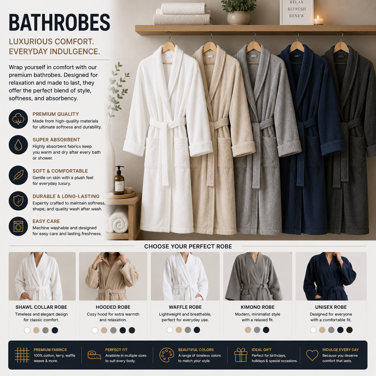 Bathrobe made from soft cotton or plush fabric with comfortable fit, absorbent material, and spa-style design for home relaxation, post-shower use, and everyday comfort