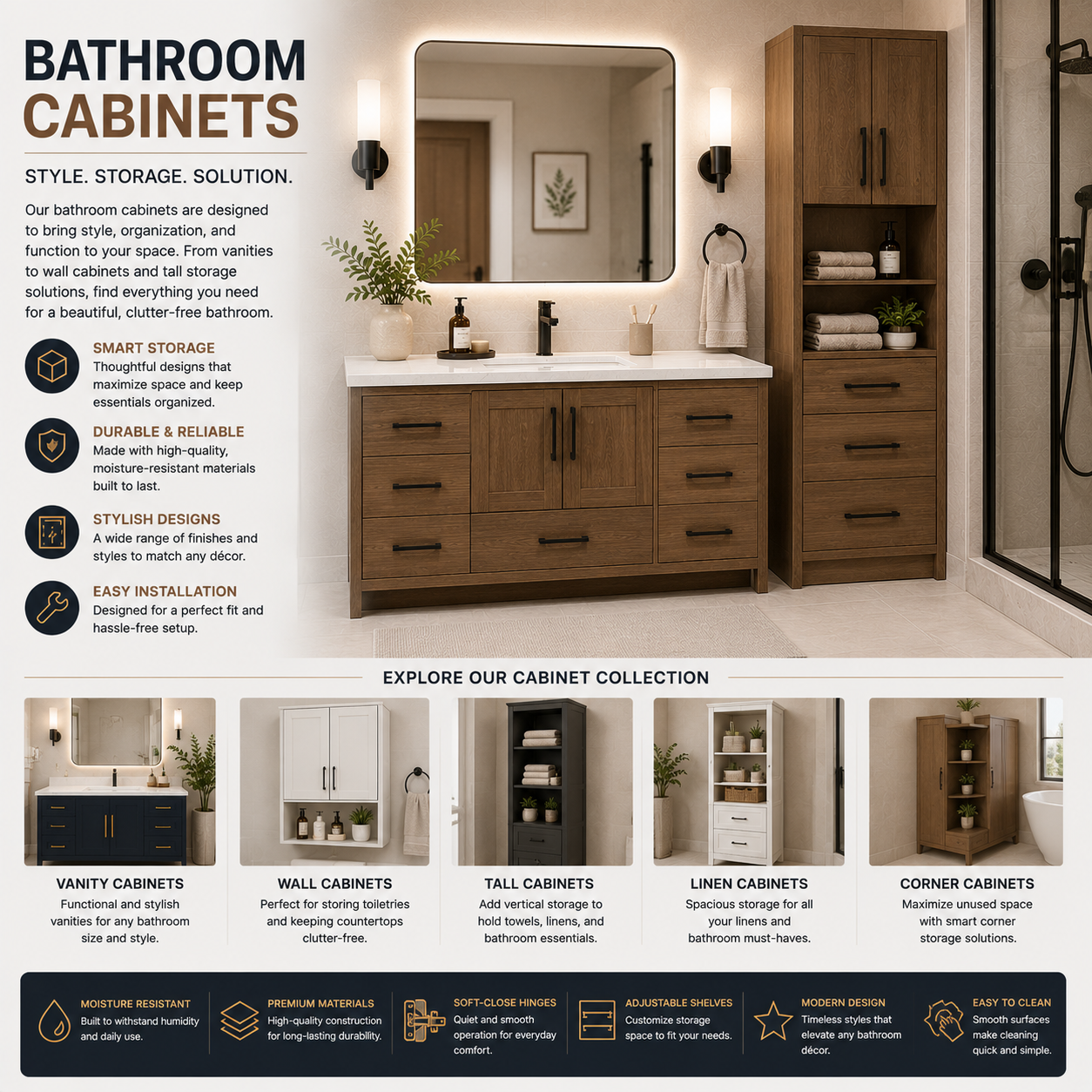 Bathroom cabinet with modern storage design, shelves and compartments, wall-mounted or freestanding style, and organized layout for bathroom essentials and home interior upgrade