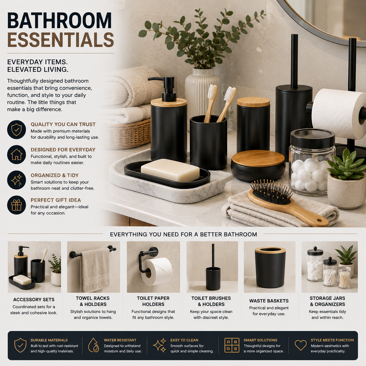 Bathroom essentials collection with towels, storage cabinets, lighting fixtures, vanity setup, and organized modern bathroom design for everyday comfort and functionality