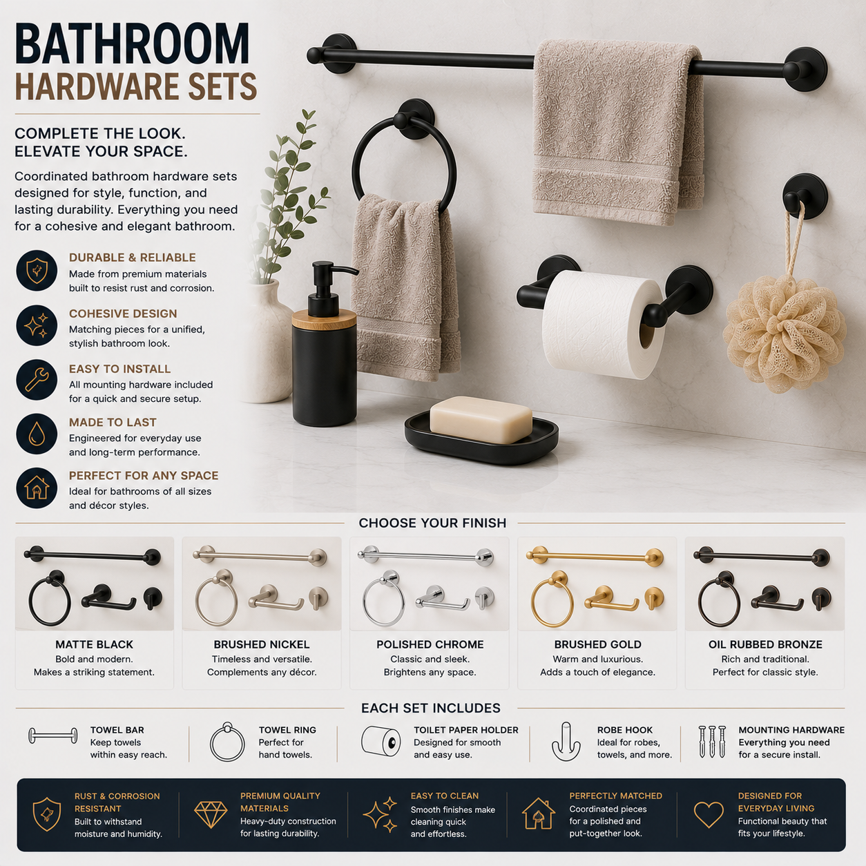 Bathroom hardware set with towel bar, toilet paper holder, robe hook, and matching accessories in modern finish, wall mounted installation, and coordinated bathroom design upgrade