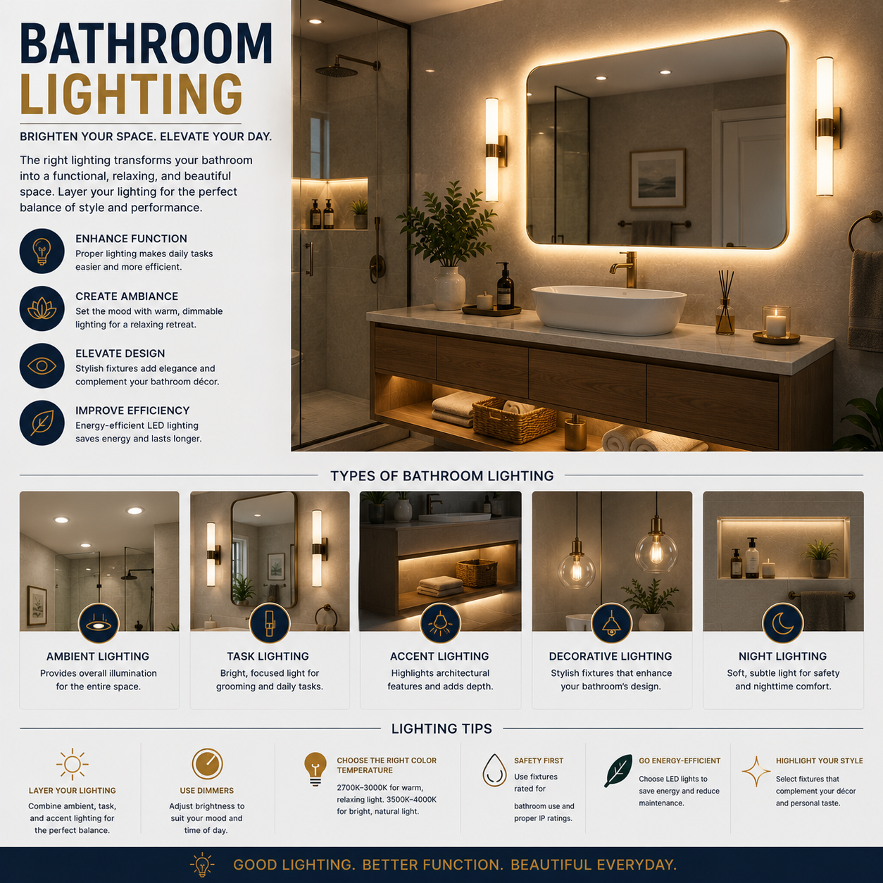 Bathroom lighting is essential for both functionality and design. The right lighting improves visibility, enhances your space, and creates a balanced atmosphere in modern bathrooms.