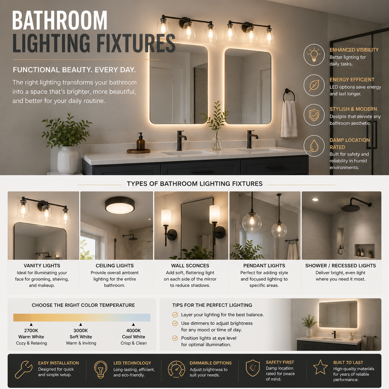 Bathroom lighting fixtures with LED vanity lights, wall sconces, and ceiling lights providing layered illumination, modern design, and functional lighting for bathroom remodel or upgrade