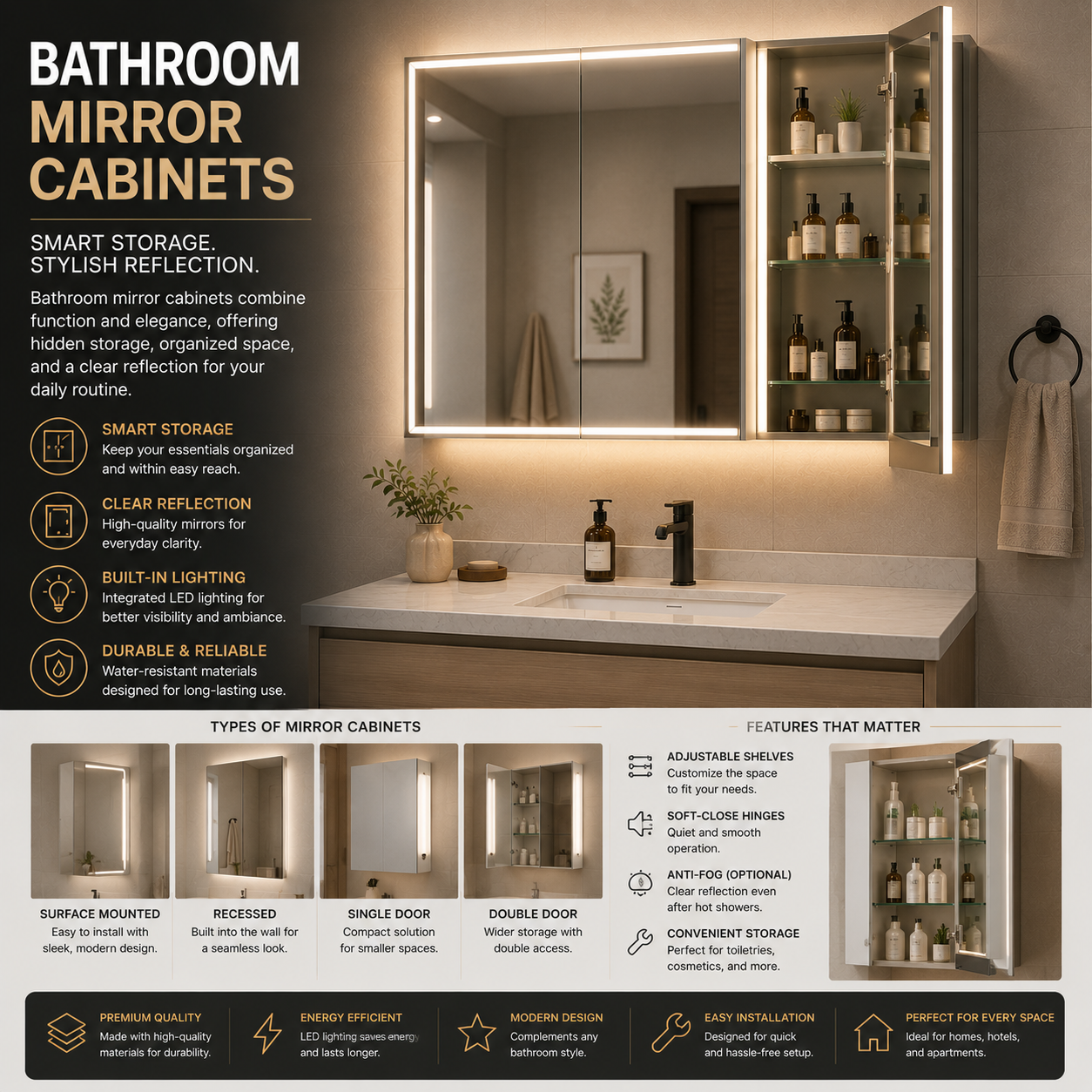 Bathroom mirror cabinet with hidden storage shelves, mirrored door, modern design, recessed or surface mount installation, and organized storage for bathroom essentials and daily use