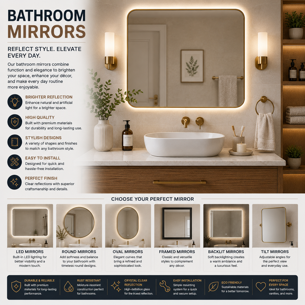 Bathroom mirror with modern design, LED backlit lighting, frameless style, clear reflection, and wall-mounted installation for vanity use and bathroom upgrade