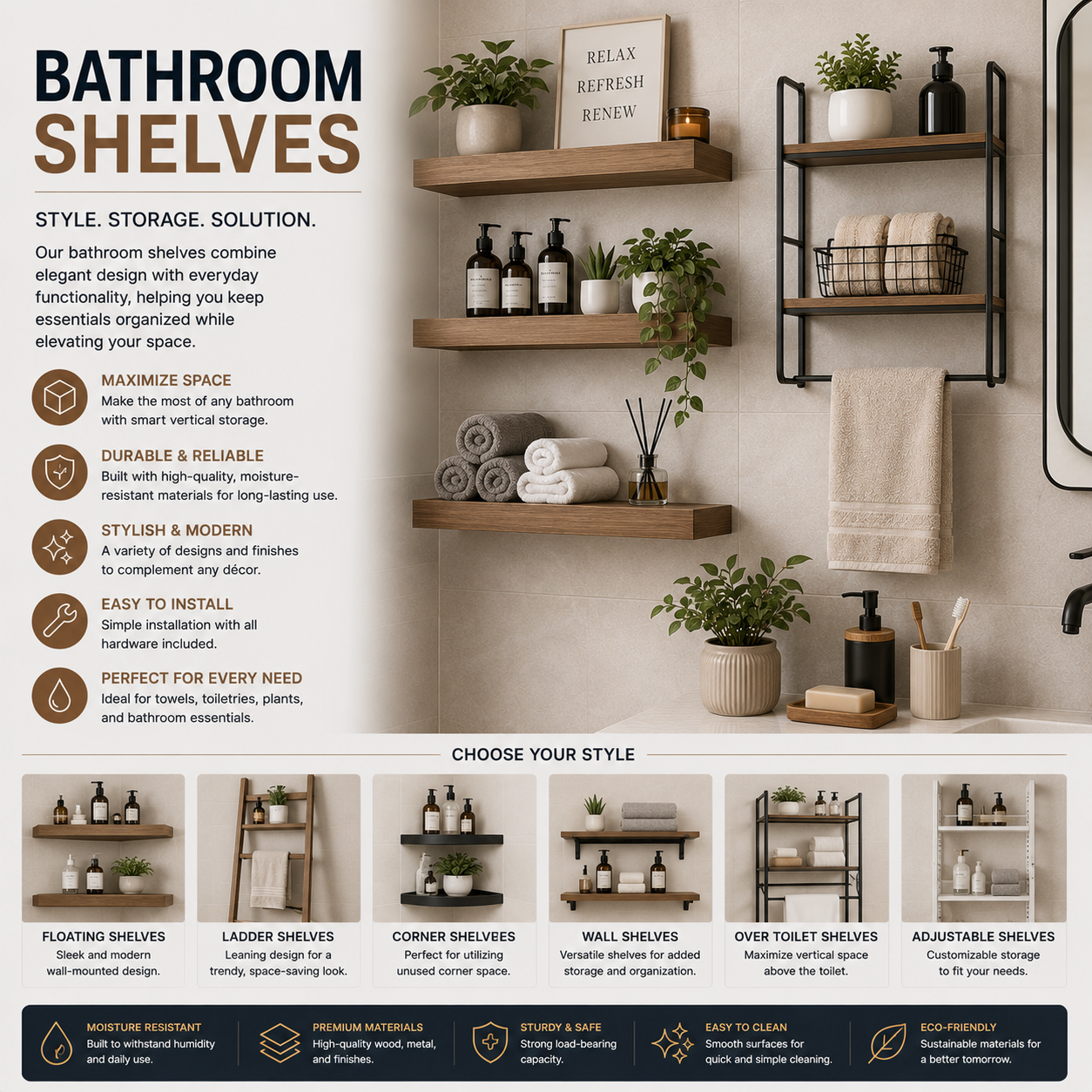 Bathroom shelves with floating wall-mounted design, storage for towels and essentials, modern bathroom organization, and space-saving shelving for small or large bathroom layouts