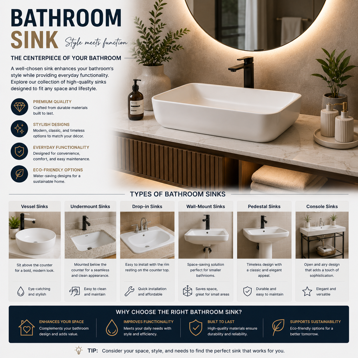 Bathroom sinks are a key element in both functionality and design. The right sink improves daily usability while enhancing the overall look of your bathroom.