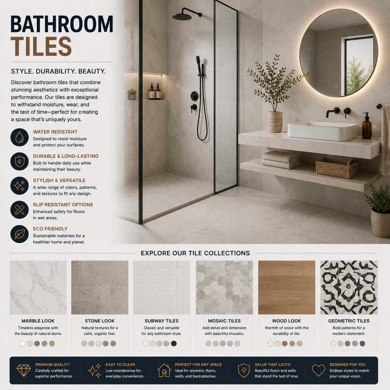 Bathroom tiles with modern design, porcelain or ceramic material, water-resistant surface, non-slip floor option, and stylish wall and shower tile installation for bathroom renovation
