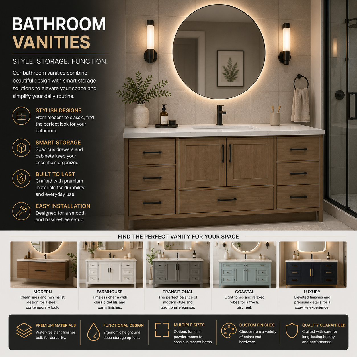 Bathroom vanity with modern sink cabinet design, built-in storage drawers, countertop workspace, stylish finish, and single or double sink options for guest bath, powder room, master bathroom, or full bathroom remodel