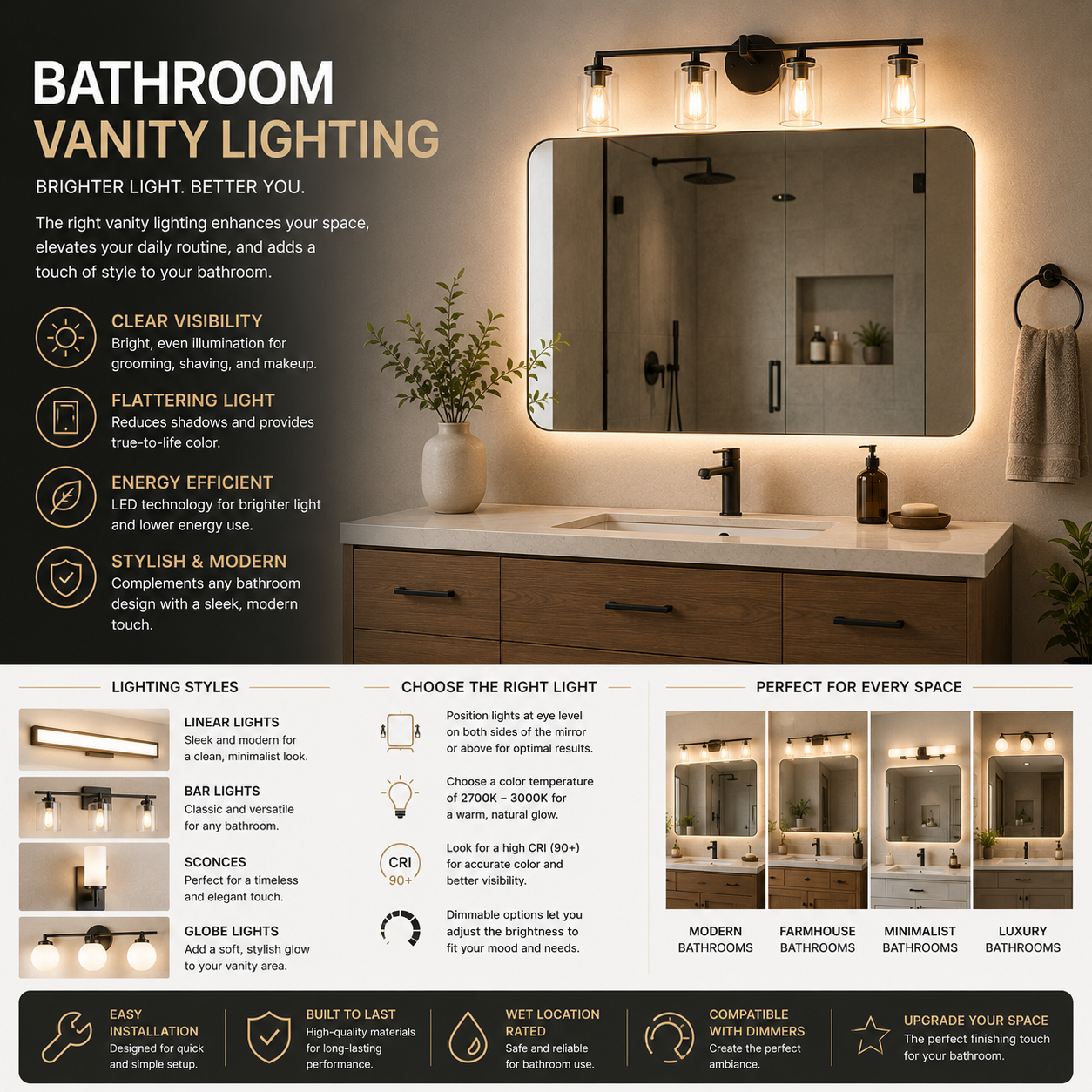 Bathroom vanity lighting above mirror with LED light fixture, balanced illumination, modern design, and clear visibility for grooming, makeup, and bathroom upgrade