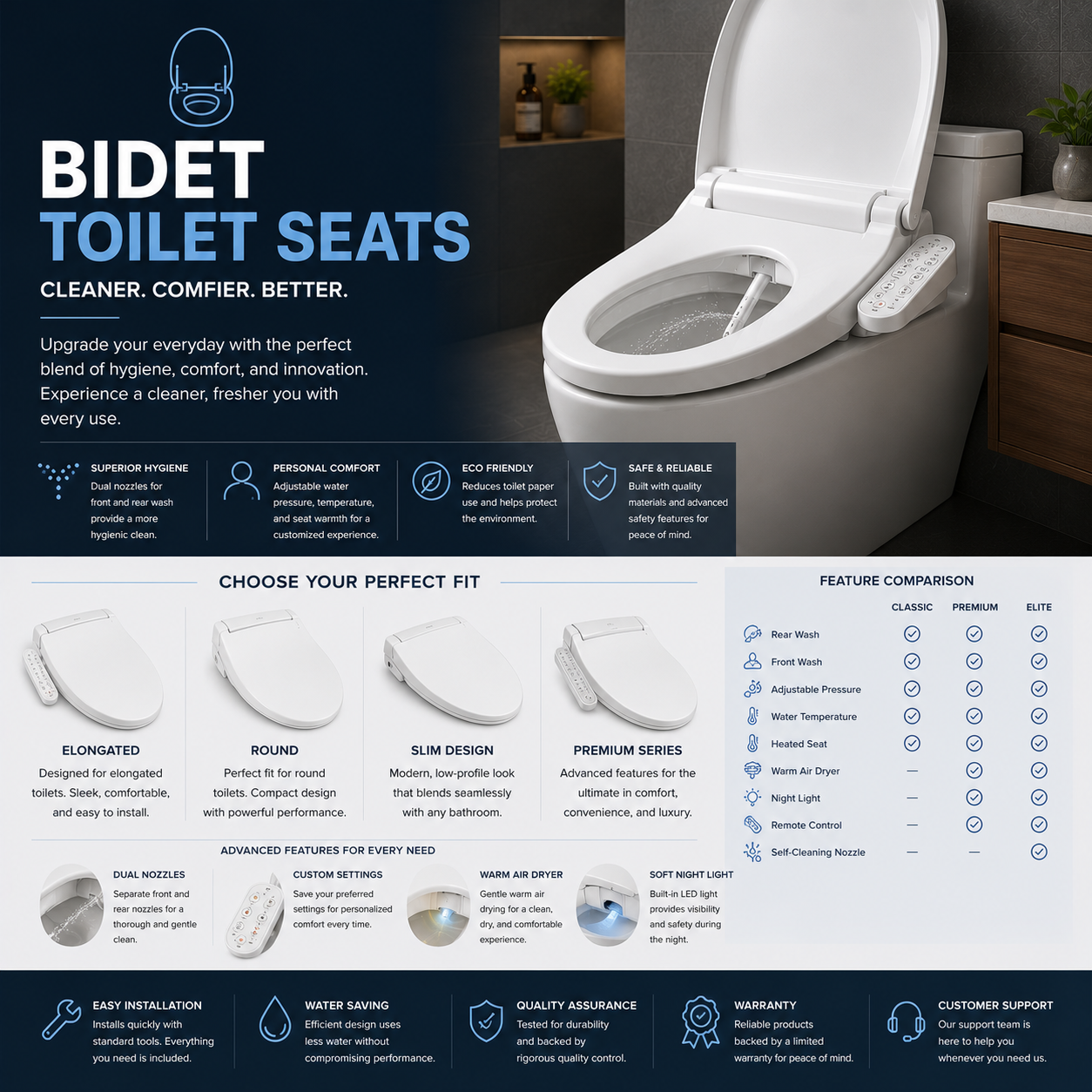 Bidet toilet seat with warm water wash, heated seat, self-cleaning nozzle, adjustable spray settings, and modern design for improved bathroom hygiene and comfort