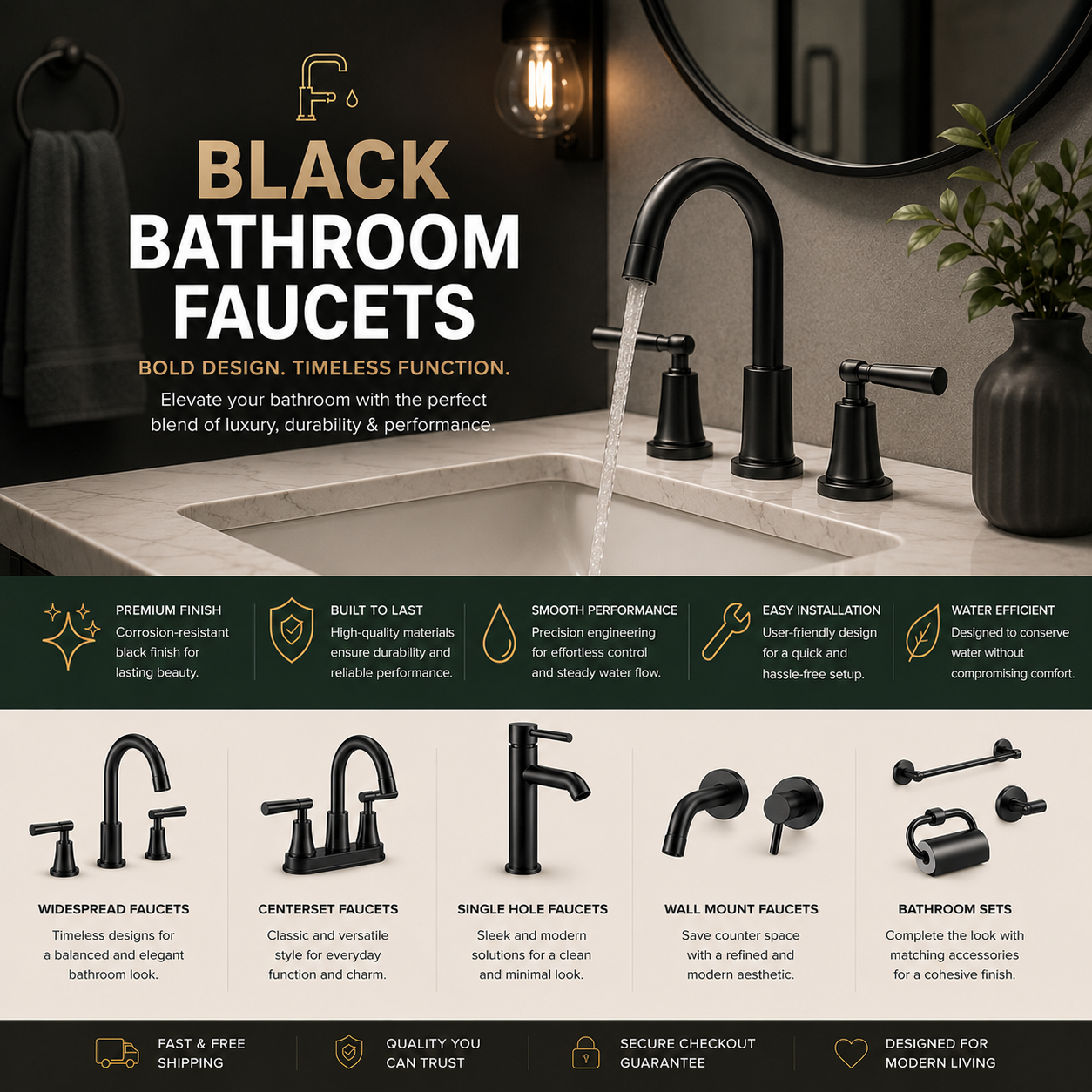 Matte black bathroom faucet for modern vanity sink with durable finish, water-saving flow, easy installation, sleek single-handle design, and luxury styling for master bathroom, guest bath, or powder room remodel