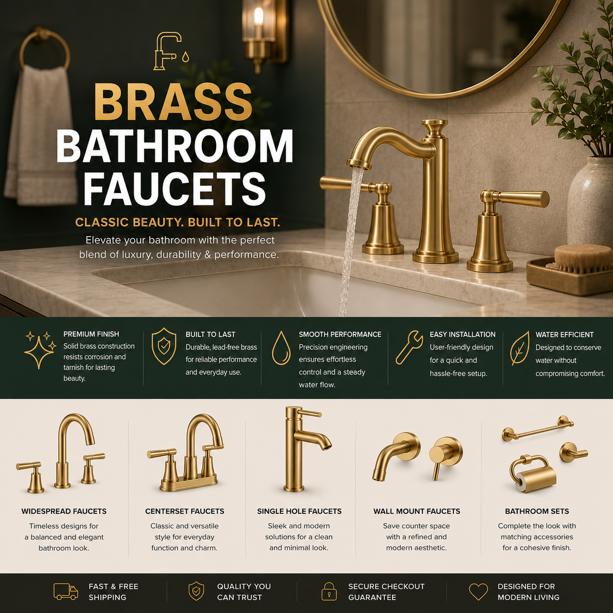 Brass bathroom faucet for modern vanity sink with warm metallic finish, durable construction, water-saving flow, easy installation, and elegant design for master bathroom, guest bath, or powder room remodel