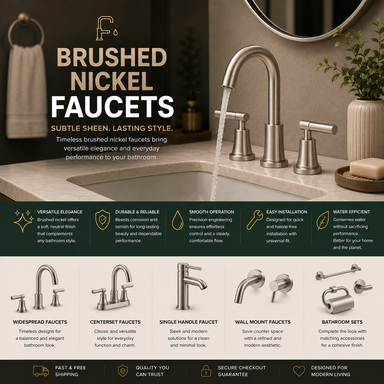 Brushed nickel bathroom faucet for modern vanity sink with durable finish, water-saving flow, easy installation, elegant design, and versatile style for master bathroom, guest bath, powder room, or bathroom remodel