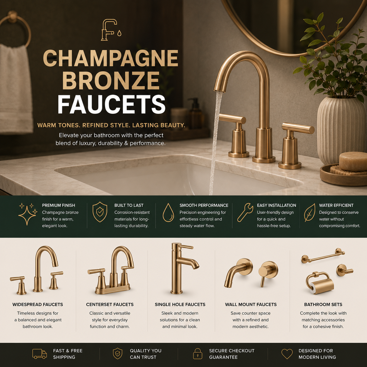 Champagne bronze bathroom faucet for modern vanity sink with warm luxury metallic finish, durable construction, water-saving performance, easy installation, elegant single-handle design, and upscale styling for master bathroom, guest bath