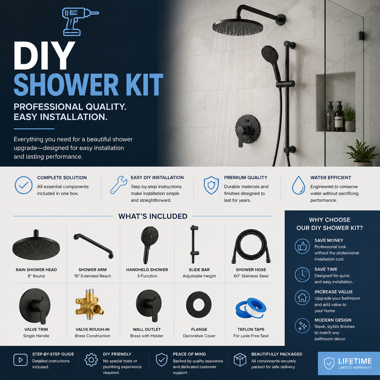 DIY shower kit with shower head, valve, trim, and easy installation system for bathroom remodel, modern shower upgrade, cost-saving renovation, and no contractor required setup